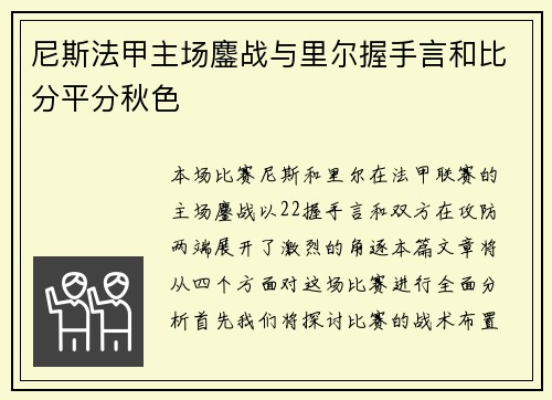 尼斯法甲主场鏖战与里尔握手言和比分平分秋色